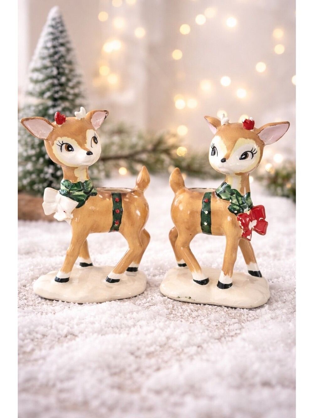 Vintage Lefton Christmas Reindeer Candleholders Set of 2 Japan 1269 Whimsical